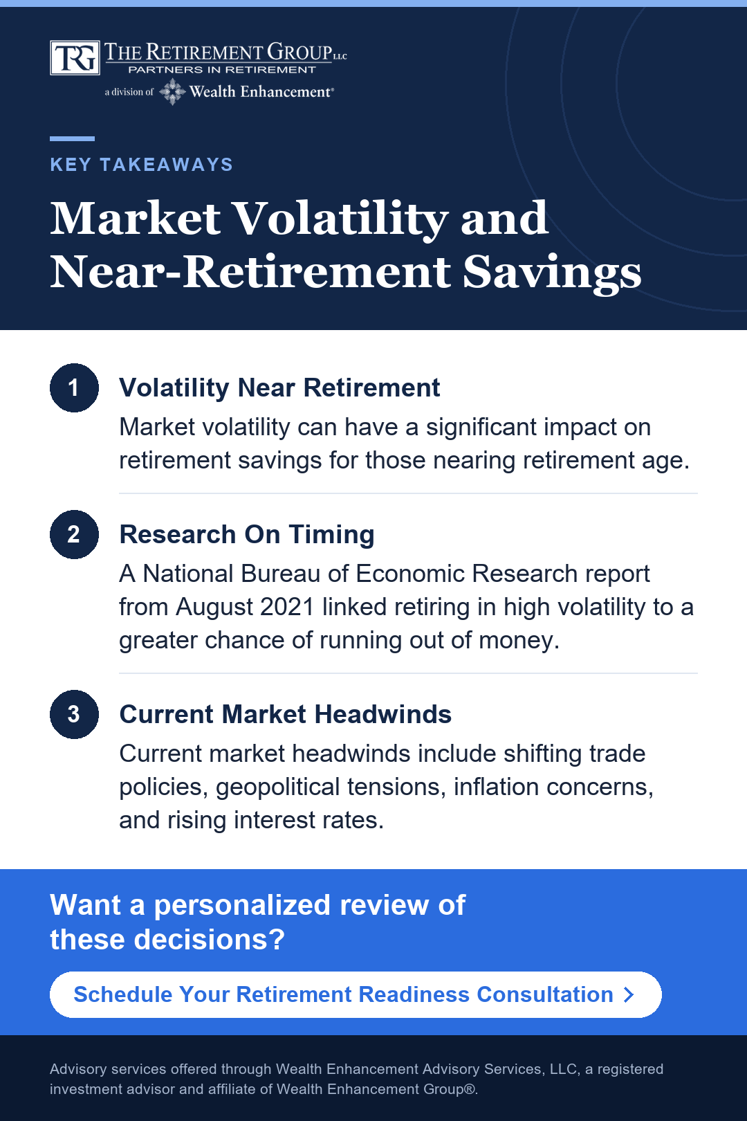 Key takeaways infographic: Market Volatility and Near-Retirement Savings. Click to schedule a consultation with a TRG advisor.