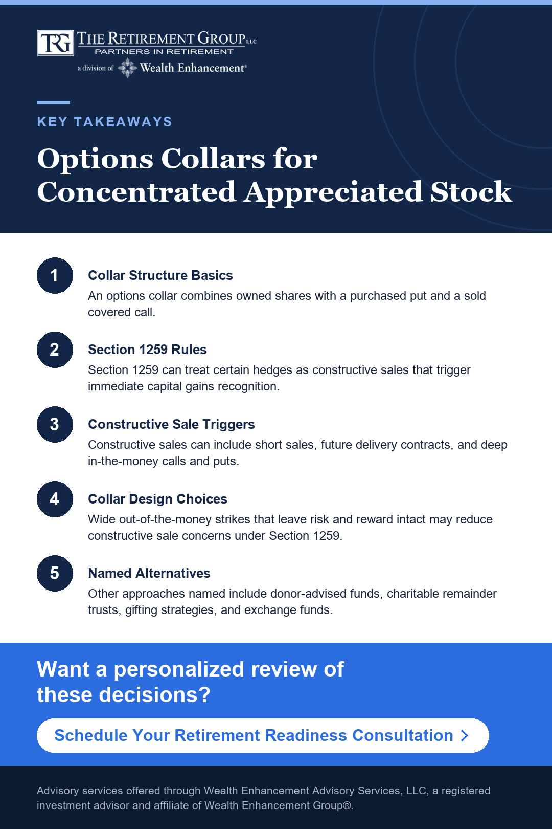 Key takeaways infographic: Options Collars for Concentrated Appreciated Stock. Click to schedule a consultation with a TRG advisor.