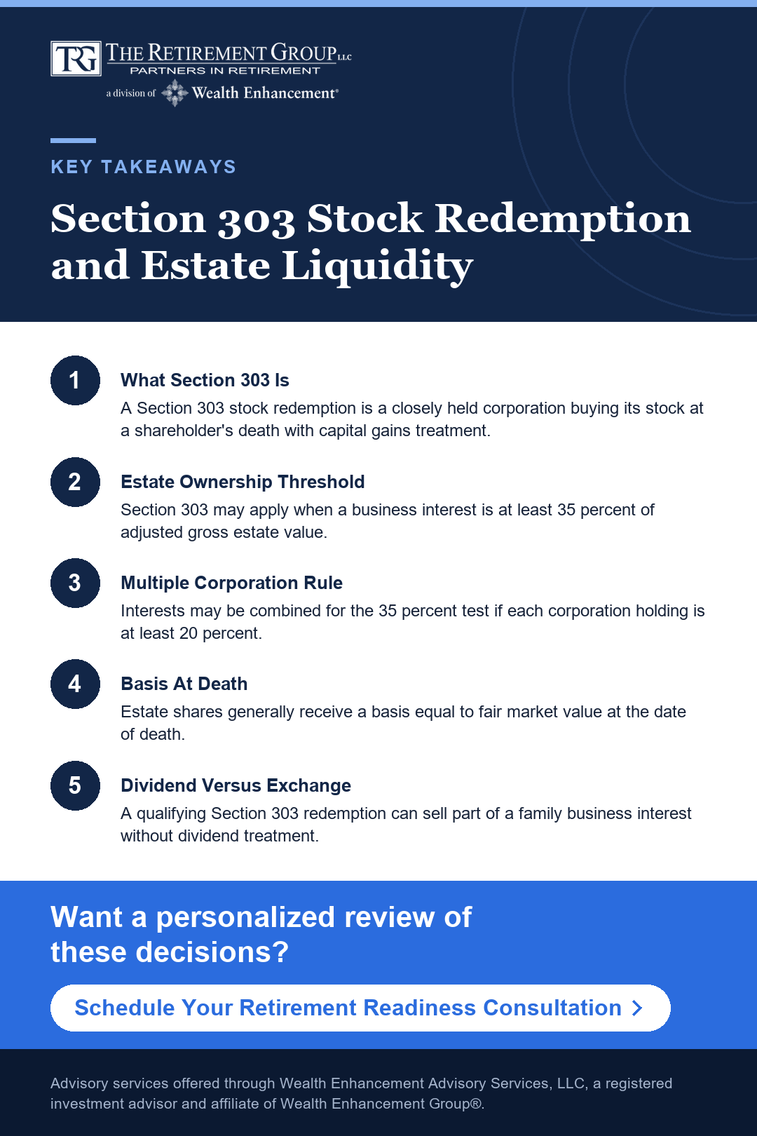 Key takeaways infographic: Section 303 Stock Redemption and Estate Liquidity. Click to schedule a consultation with a TRG advisor.