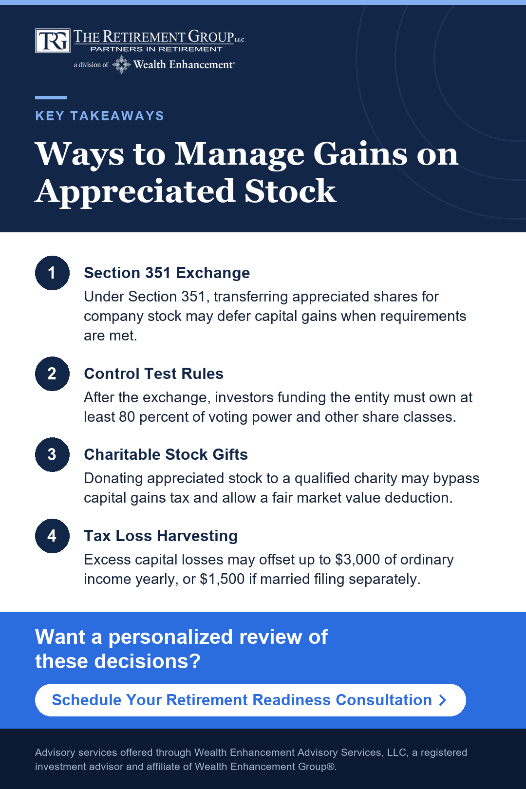 Key takeaways infographic: Ways to Manage Gains on Appreciated Stock. Click to schedule a consultation with a TRG advisor.