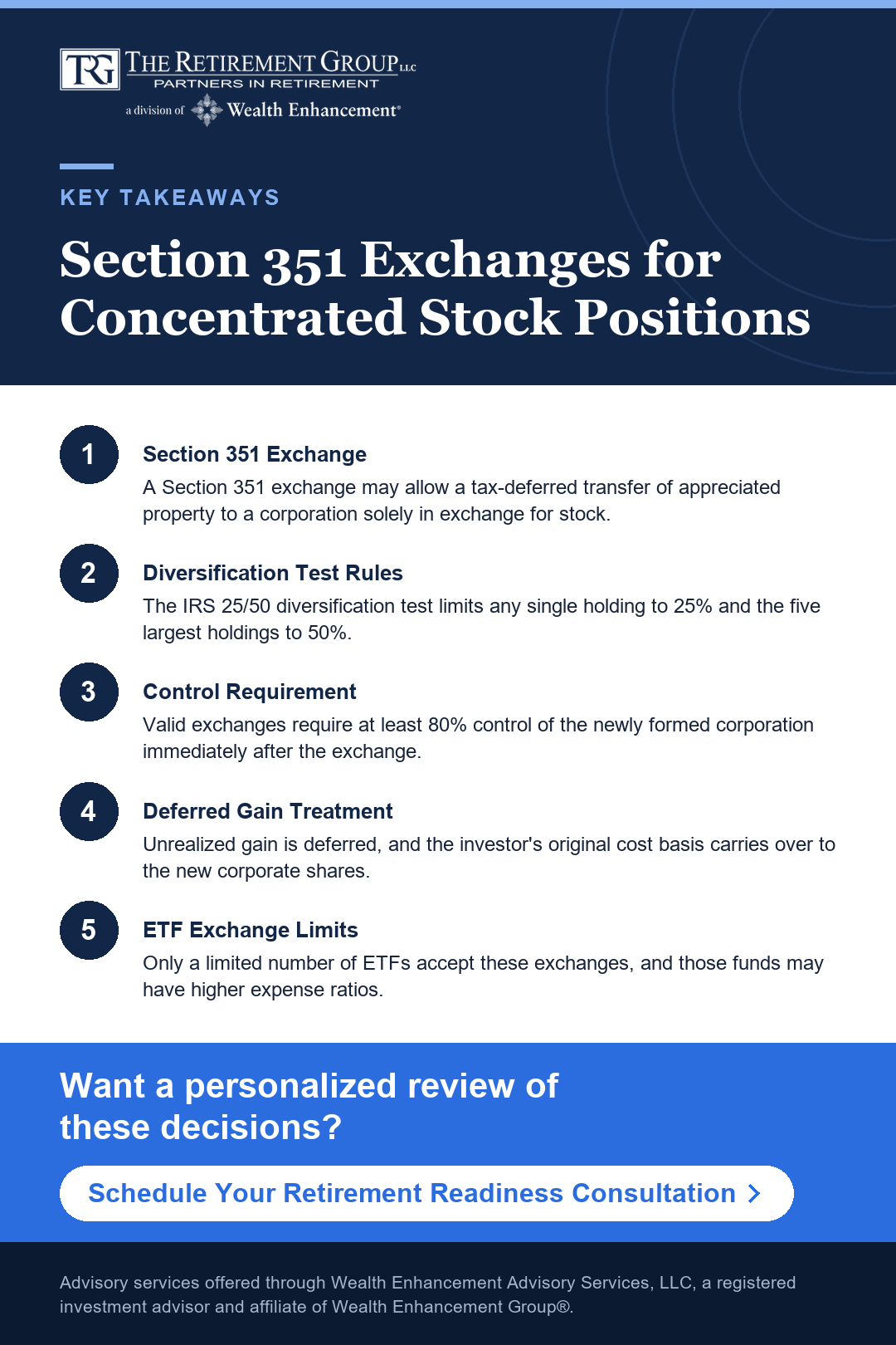Key takeaways infographic: Section 351 Exchanges for Concentrated Stock Positions. Click to schedule a consultation with a TRG advisor.