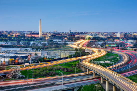 Washington, DC skyline of monuments and highways.-2